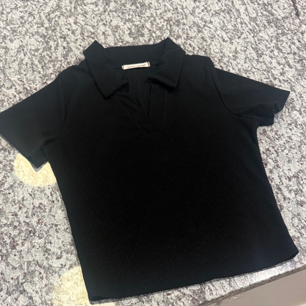 Caution To The Wind Black Ribbed Polo-Style Short Sleeve Top